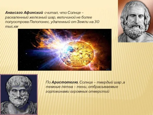 Анаксаго Афинский считал, что Солнце – раскаленный железный шар, величиной не более