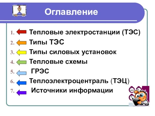 Оглавление Тепловые электростанции (ТЭС) Типы ТЭС Типы силовых установок Тепловые схемы ГРЭС Теплоэлектроцентраль (ТЭЦ) Источники информации