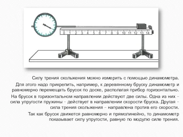 Силу трения скольжения можно измерить с помощью динамометра. Для этого надо прикрепить,