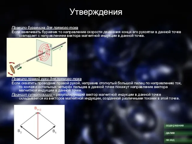 Утверждения Правило буравчика для прямого тока Если ввинчивать буравчик то направление скорости