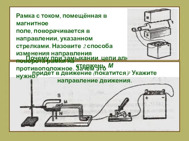 Почему при замыкании цепи алюминиевый стержень М придёт в движение (покатится)? Укажите