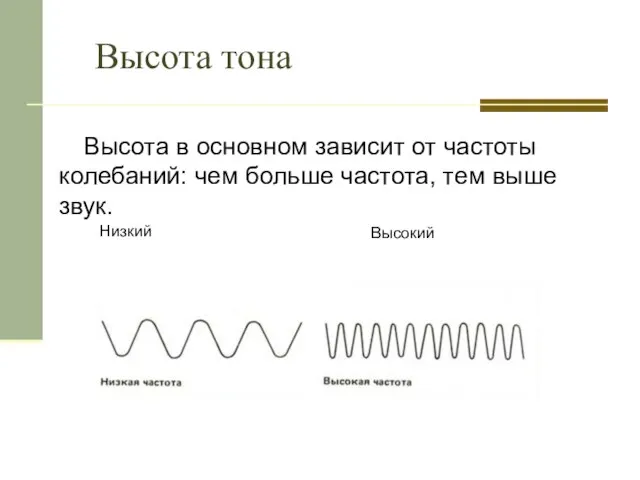 Высота тона Высота в основном зависит от частоты колебаний: чем больше частота,