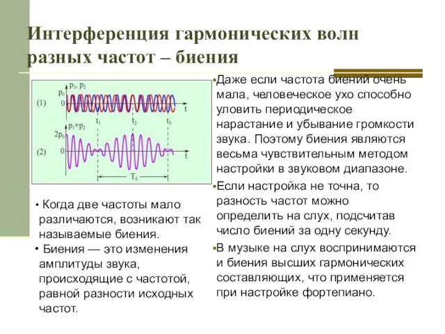Интерференция гармонических волн разных частот – биения Даже если частота биений очень