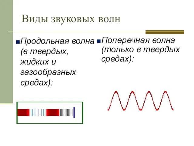 Виды звуковых волн Продольная волна (в твердых, жидких и газообразных средах): Поперечная