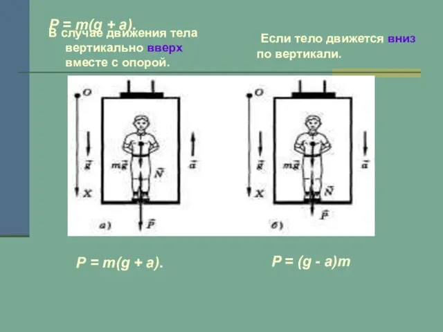 Р = m(g + a). В случае движения тела вертикально вверх вместе