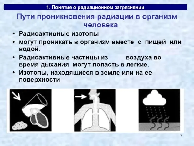 1. Понятие о радиационном загрязнении Пути проникновения радиации в организм человека Радиоактивные