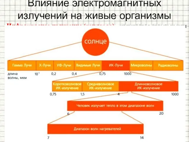 Влияние электромагнитных излучений на живые организмы Инфракрасное излучение (тепловое) - излучается атомами