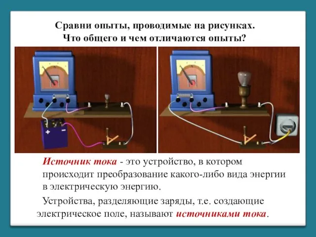 Сравни опыты, проводимые на рисунках. Что общего и чем отличаются опыты? Источник