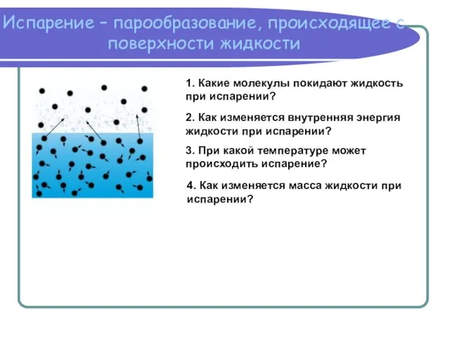 Испарение – парообразование, происходящее с поверхности жидкости 1. Какие молекулы покидают жидкость