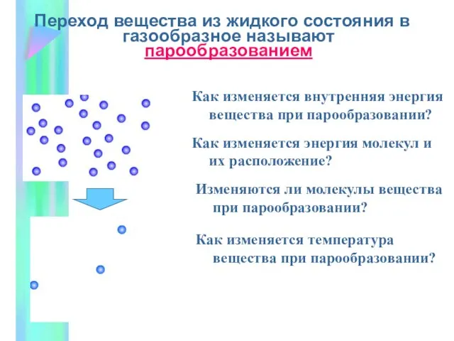 Переход вещества из жидкого состояния в газообразное называют парообразованием Как изменяется энергия