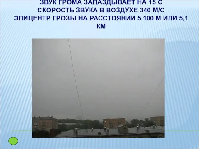 ЗВУК ГРОМА ЗАПАЗДЫВАЕТ НА 15 С СКОРОСТЬ ЗВУКА В ВОЗДУХЕ 340 М/С