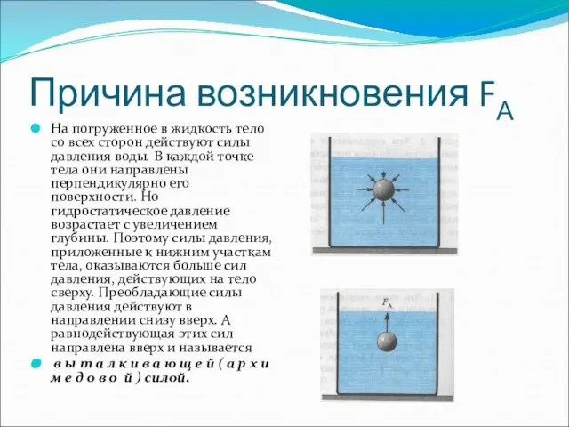 Причина возникновения FА На погруженное в жидкость тело со всех сторон действуют