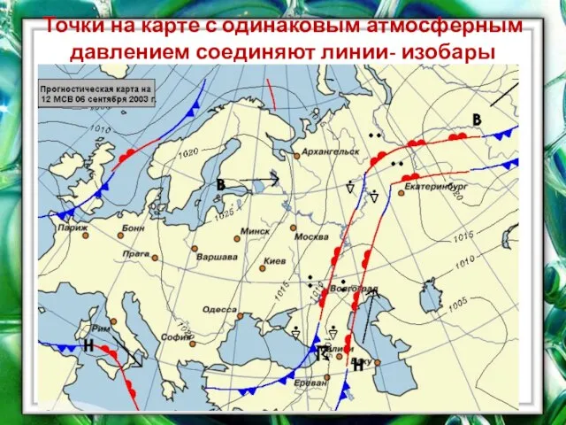 Точки на карте с одинаковым атмосферным давлением соединяют линии- изобары