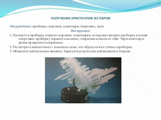 ПОЛУЧЕНИЕ КРИСТАЛЛОВ ИЗ ПАРОВ Оборудование: пробирка, порошок нашатыря, спиртовка, лупа. Инструкция: 1.