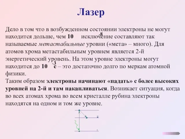 Лазер Дело в том что в возбужденном состоянии электроны не могут находится