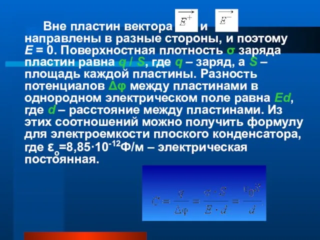 Вне пластин вектора и направлены в разные стороны, и поэтому E =