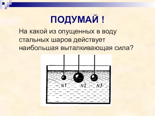 ПОДУМАЙ ! На какой из опущенных в воду стальных шаров действует наибольшая выталкивающая сила?