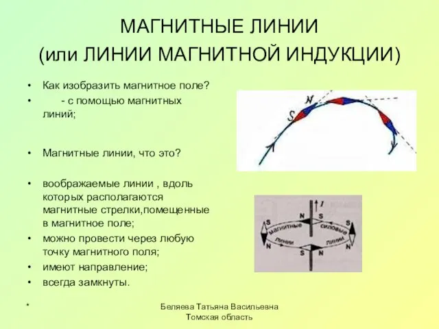 * Беляева Татьяна Васильевна Томская область МАГНИТНЫЕ ЛИНИИ (или ЛИНИИ МАГНИТНОЙ ИНДУКЦИИ)