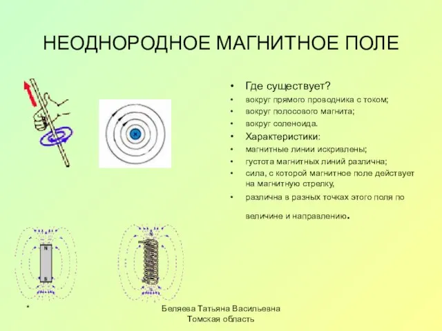 * Беляева Татьяна Васильевна Томская область НЕОДНОРОДНОЕ МАГНИТНОЕ ПОЛЕ Где существует? вокруг