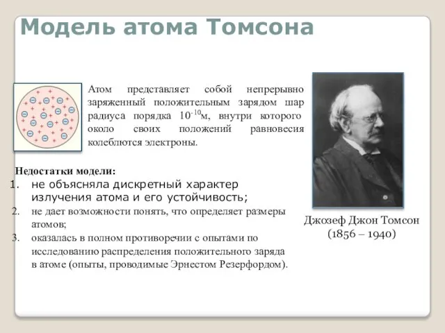 Модель атома Томсона Джозеф Джон Томсон (1856 – 1940) Атом представляет собой