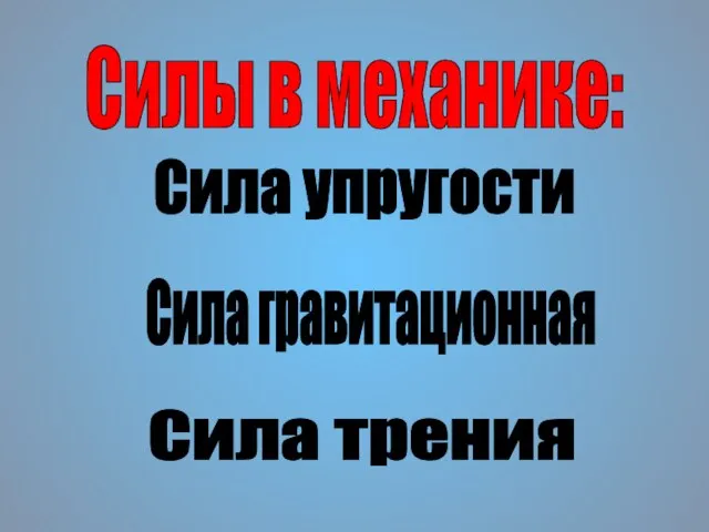 Сила гравитационная Силы в механике: Сила упругости Сила трения