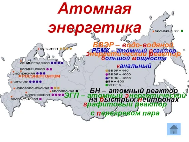 Атомная энергетика ВВЭР – водо-водяной энергетический реактор РБМК – атомный реактор большой