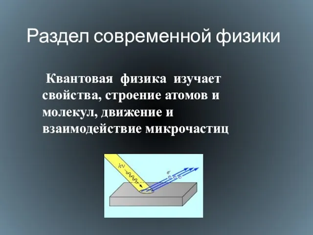 Раздел современной физики Квантовая физика изучает свойства, строение атомов и молекул, движение и взаимодействие микрочастиц