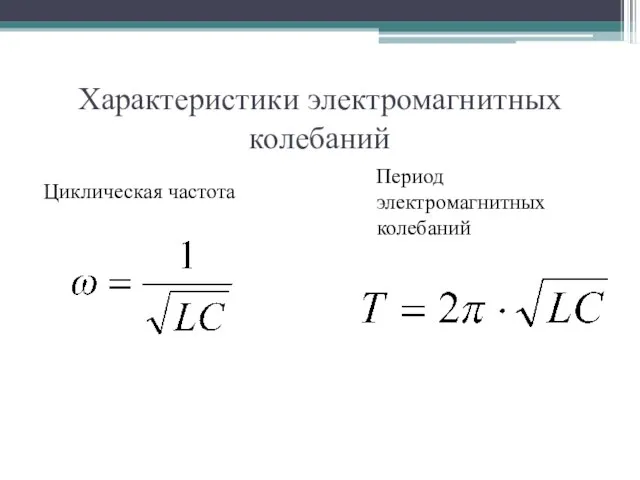 Характеристики электромагнитных колебаний Циклическая частота Период электромагнитных колебаний