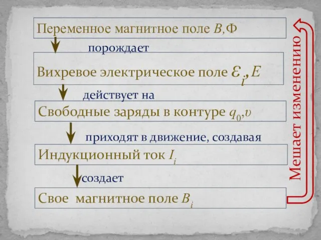 Переменное магнитное поле B,Ф Вихревое электрическое поле εi,E Свободные заряды в контуре