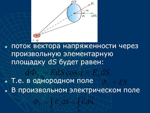 поток вектора напряженности через произвольную элементарную площадку dS будет равен: Т.е. в