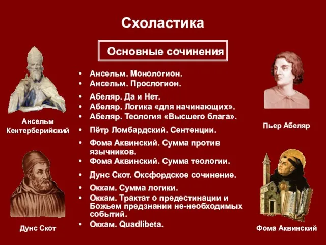 Схоластика Ансельм. Монологион. Ансельм. Прослогион. Абеляр. Да и Нет. Абеляр. Логика «для