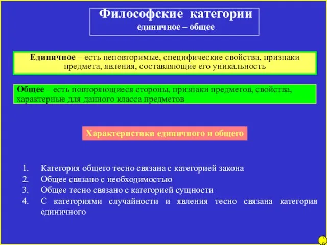 Философские категории единичное – общее Единичное – есть неповторимые, специфические свойства, признаки