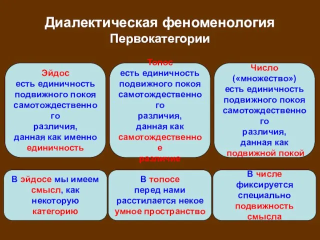 Диалектическая феноменология Первокатегории Эйдос есть единичность подвижного покоя самотождественного различия, данная как