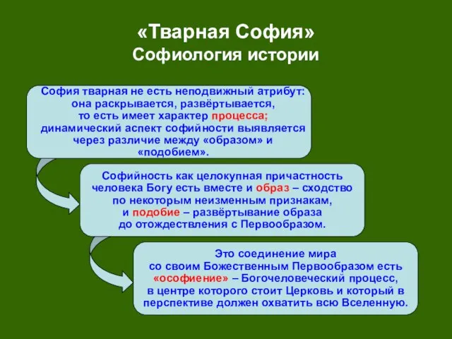 «Тварная София» Софиология истории София тварная не есть неподвижный атрибут: она раскрывается,