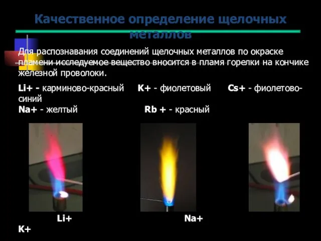 Качественное определение щелочных металлов Li+ Na+ K+ Для распознавания соединений щелочных металлов