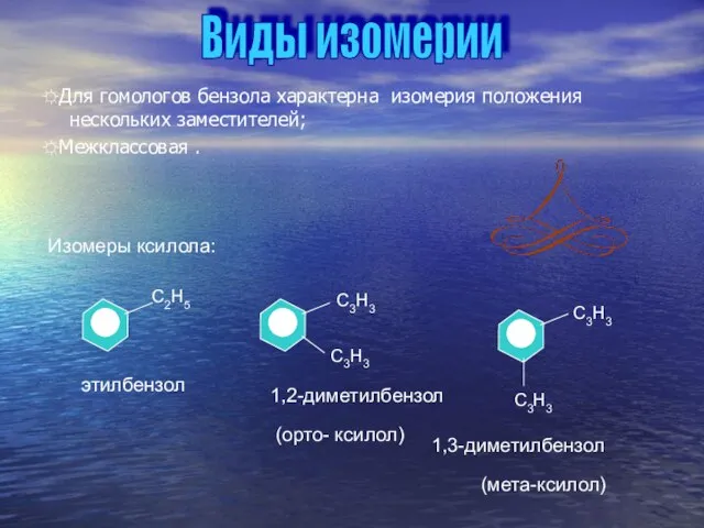 ☼Для гомологов бензола характерна изомерия положения нескольких заместителей; ☼Межклассовая . Изомеры ксилола: