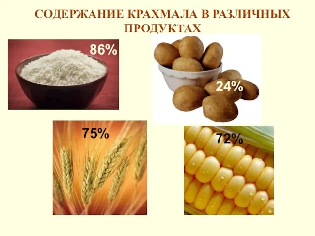 СОДЕРЖАНИЕ КРАХМАЛА В РАЗЛИЧНЫХ ПРОДУКТАХ 86% 86% 24% 75% 72%