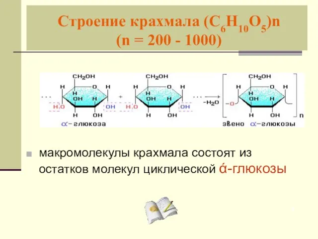 Строение крахмала (С6Н10О5)n (n = 200 - 1000) макромолекулы крахмала состоят из остатков молекул циклической ά-глюкозы