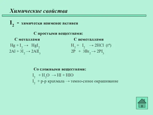 Химические свойства I2 - химически наименее активен С простыми веществами: С металлами