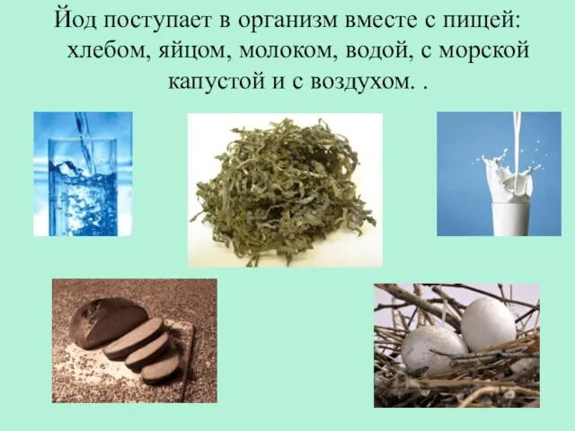 Йод поступает в организм вместе с пищей: хлебом, яйцом, молоком, водой, с