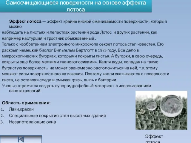 Самоочищающиеся поверхности на основе эффекта лотоса Эффект лотоса — эффект крайне низкой