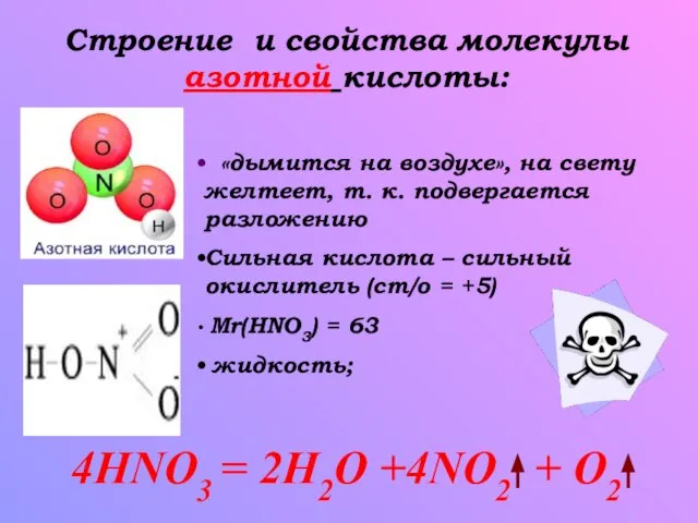 Строение и свойства молекулы азотной кислоты: «дымится на воздухе», на свету желтеет,