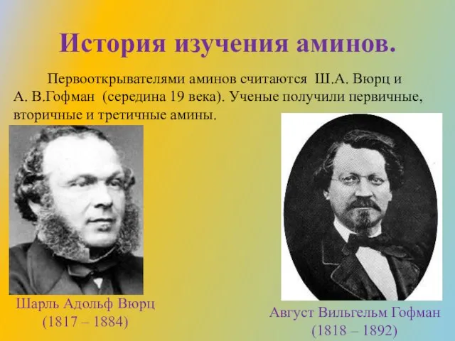 История изучения аминов. Первооткрывателями аминов считаются Ш.А. Вюрц и А. В.Гофман (середина