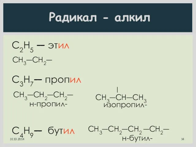 С2Н5 ― этил C3H7― пропил C4H9― бутил CH3―CH2― CH3―CH2―CH2― н-пропил- l CH3―CH―CH3