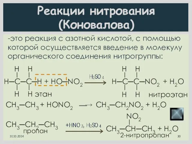 Реакции нитрования (Коновалова) -это реакция с азотной кислотой, с помощью которой осуществляется