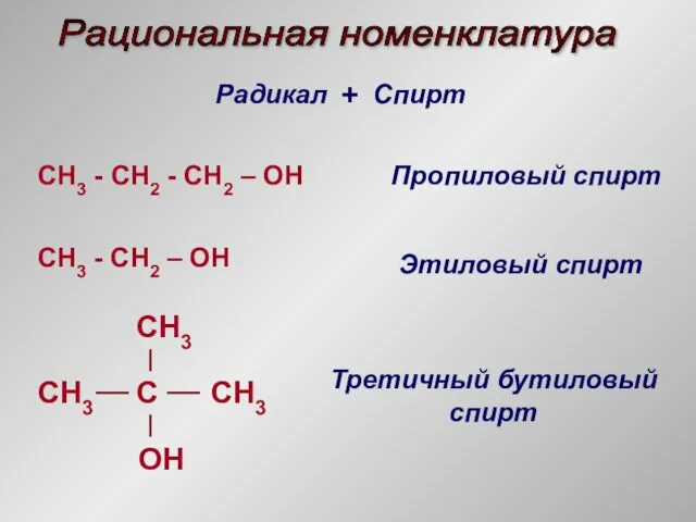 Рациональная номенклатура Радикал + Спирт CH3 - СH2 - CH2 – OH