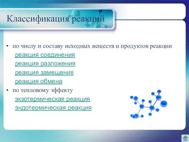 Классификация реакций по числу и составу исходных веществ и продуктов реакции реакция