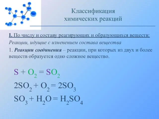 I. По числу и составу реагирующих и образующихся веществ: Реакции, идущие с