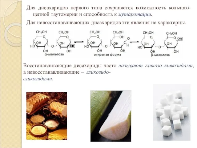 Для дисахаридов первого типа сохраняется возможность кольчато-цепной таутомерии и способность к мутаротации.