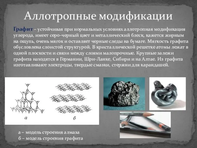 Аллотропные модификации Графит – устойчивая при нормальных условиях аллотропная модификация углерода, имеет